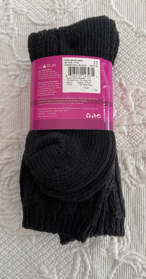 Kodiak Boot Socks 2 Pair Cotton Blend Charcoal Gray & Black Ladies Sz 4-10 NWT - Image 3 of 4