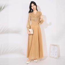 Dress Fashion Temperament Horn Sleeves Pleated A-line Long Dress Womens V-neck