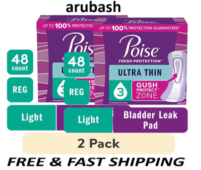 Poise Ultra Thin Incontinence Pads 3 Drop Light Absorbency Regular, 2 Pack of 48