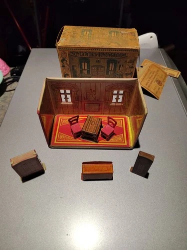 Rare 1930's Marx Tin Litho Home Town Series Newlyweds Dining Room with Furniture