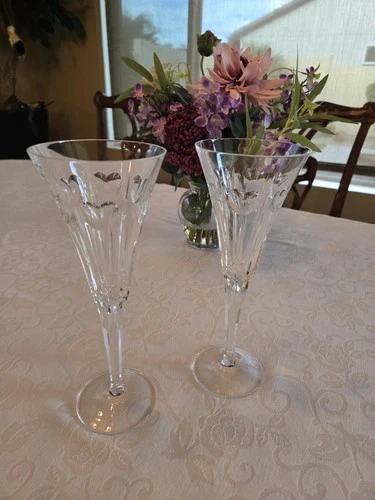 Set of 2 Vtg Signed Waterford Crystal Millenium LOVE Toasting Champagne Flutes