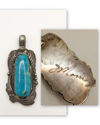 VTG Navajo Native American Silver Turquoise Pendant Signed J Morris