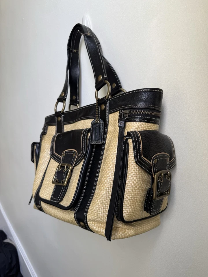 Редкая винтажная соломенная сумка Coach с пряжкой клапан карманы тяжелая дубленая кожа - Изображение 3 из 4