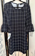 NWT Nina Leonard Women’s Window Pane Shift Dress, Large, Blue/White