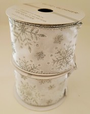 2 ct Decorative Ribbon Silver Snowflakes White 2.5  x 10 Yards Glitz  Glimmer
