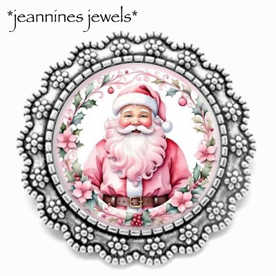 Pink Santa Claus BROOCH Shabby Chic Christmas Gift Silver Holiday Lapel Pin