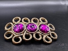 Gold textured Large twisted 3 Purple stones hair barrette snap tight clip Vtg