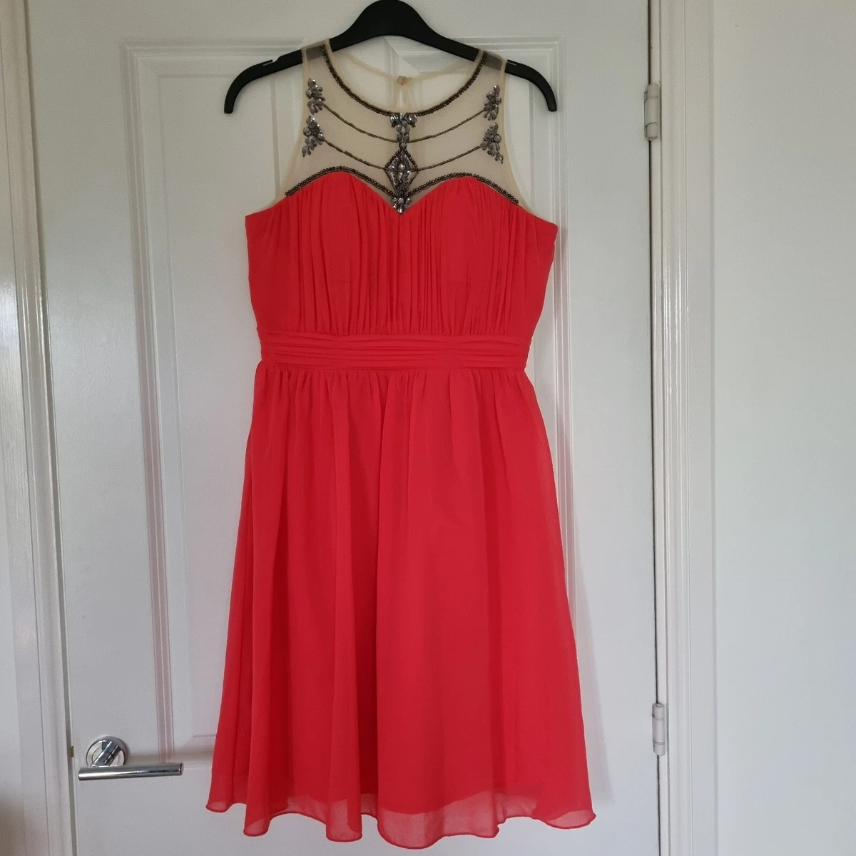 LITTLE MISTRESS CORAL PEACH SHEER MESH EMBELLISH SILVER BEAD SEQUIN FLOATY DRESS