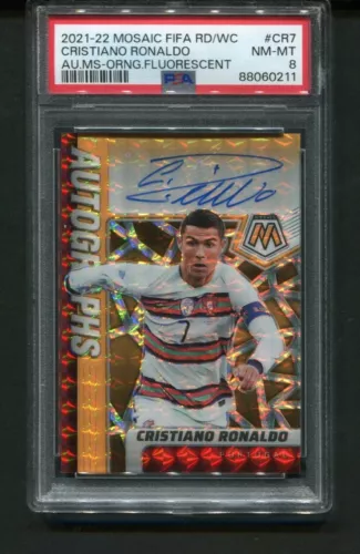 2021-22 Mosaic World Cup Cristiano Ronaldo Orange Fluorescent Auto /25 PSA 8