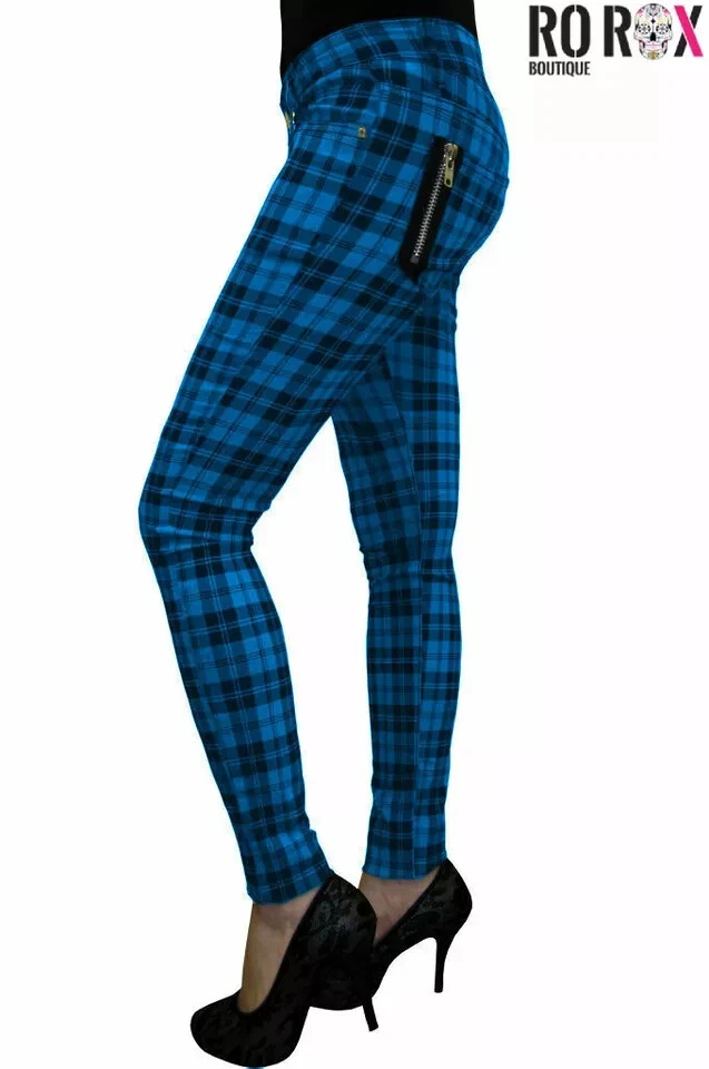 Women's Plaid Check Punk Skinny Trousers - Ladies Goth Emo Stretch Tartan Pants - Image 4 of 4