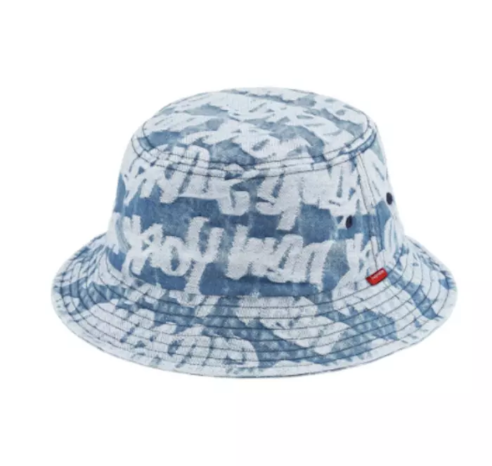 SUPREME SS22 FAT TIP JACQUARD DENIM CRUSHER BUCKET HAT BLUE