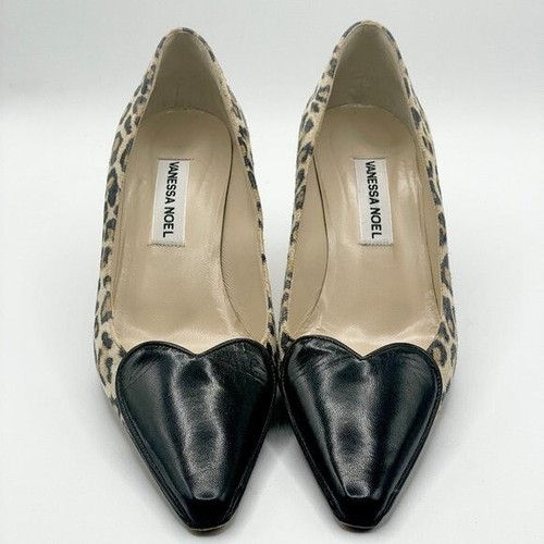 Vanessa Noel Black Leather Heart Leopard Print Pumps Made in Italy EU37/US7 - Picture 2 of 10