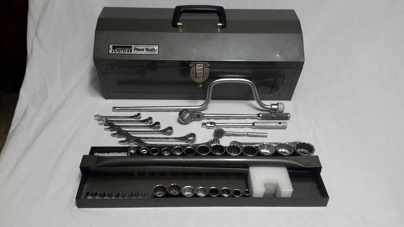 Vintage Power Kraft Tool Set & Box 1/2, 3/8, 1/4 Sockets, Wrenches, Speed Hdle.