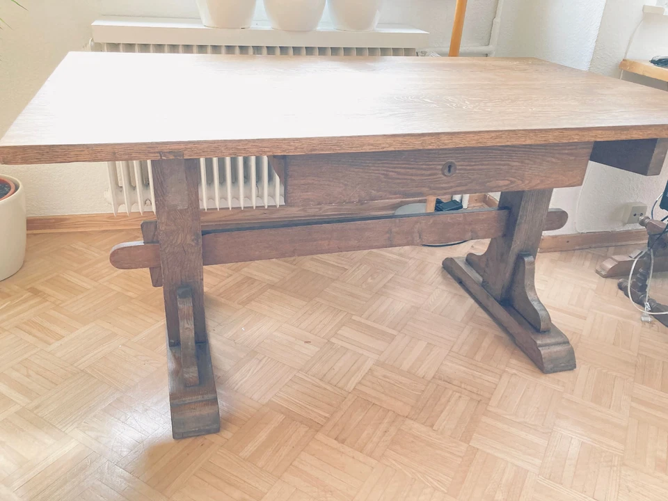 Eiche Tisch Schublade 2 Stützen Tischplatte abnehmbar Platte 3cm dick kein Lack 