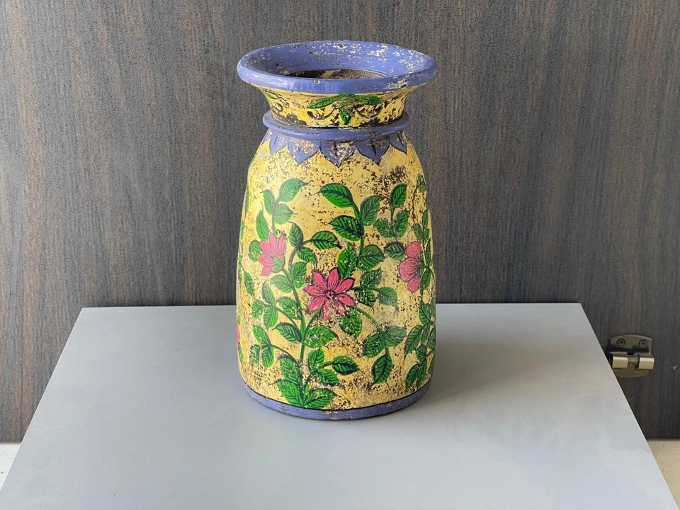 Vintage Looking Wooden Multicolor Flower Design  Flower Vase , Pot, Planter -157 - Image 3 of 4