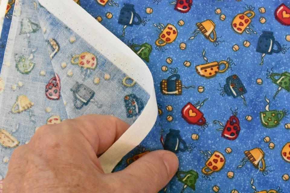 27" Long, Gold Blue Red Green Coffee Cups on Blue Cotton, Moda, Gardner, P8340 - Image 4 of 4