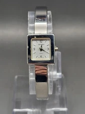 Womans Gruen Solid Silver Tone Analog Quartz Hinged Cuff Bracelet Wrist Watch