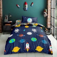 Space Single Duvet Cover Set Children's Reversible Bedding Planets Astronauts