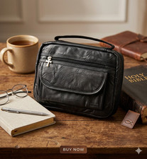 Leather Bible Cover - Black - Cross Style Zipper Pulls, Pocket and Handle