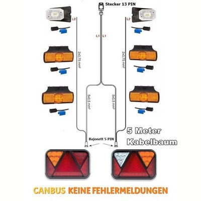 LED Rückleuchten Anhängerbeleuchtung Set Canbus Bajonett + 5M Kabelbaum 13PIN