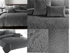 Elegant Damask Velvet Duvet Set Floral Embossed Design With Pillowcases Grey Set