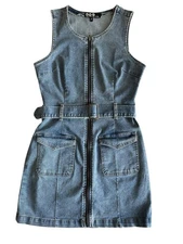 REWASH Recycled Zip Front Jean Dress Sz M Stretch Denim Belt Patch Pockets