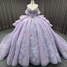 Purple Princess Ball Gown Quinceanera Dresses Beaded Lace Flower Crystals