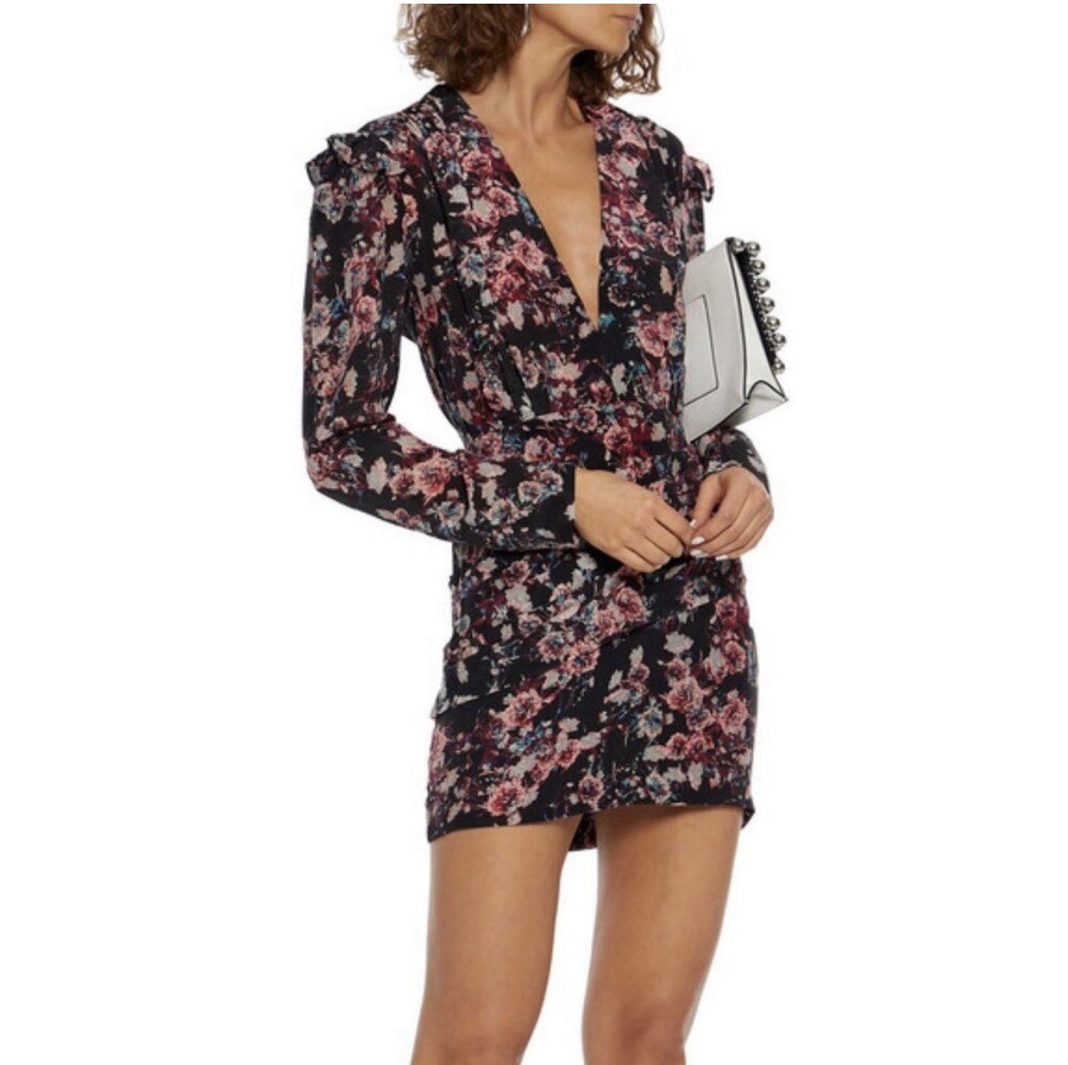 IRO Mini Dress Women 32 US 0 Silk Faux Wrap Black-Red Floral Long Sleeve