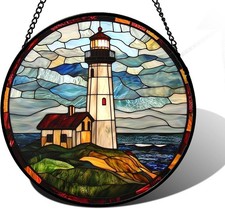 Stained Glass Window Hanging, Ocean Lighthouse Sun 11.8x11.8 IN, Blue