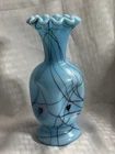Vintage Fenton Blue Art Glass Vase Ruffled Rim Black Threading USA