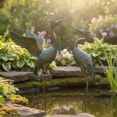 Art Deco Metal Crane Statues - Stunning 36-39 Inch Bird Sculptures for Outdoors