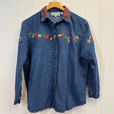 Vintage Westbound Casual Womens Christmas Embroidered Denim Button Up Top Size M