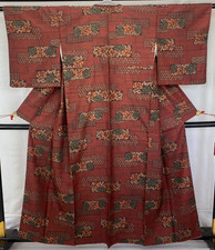 Japanese Vintage Kimono Silk Red Oshima Tumugi Traditional Authentic Length 61in