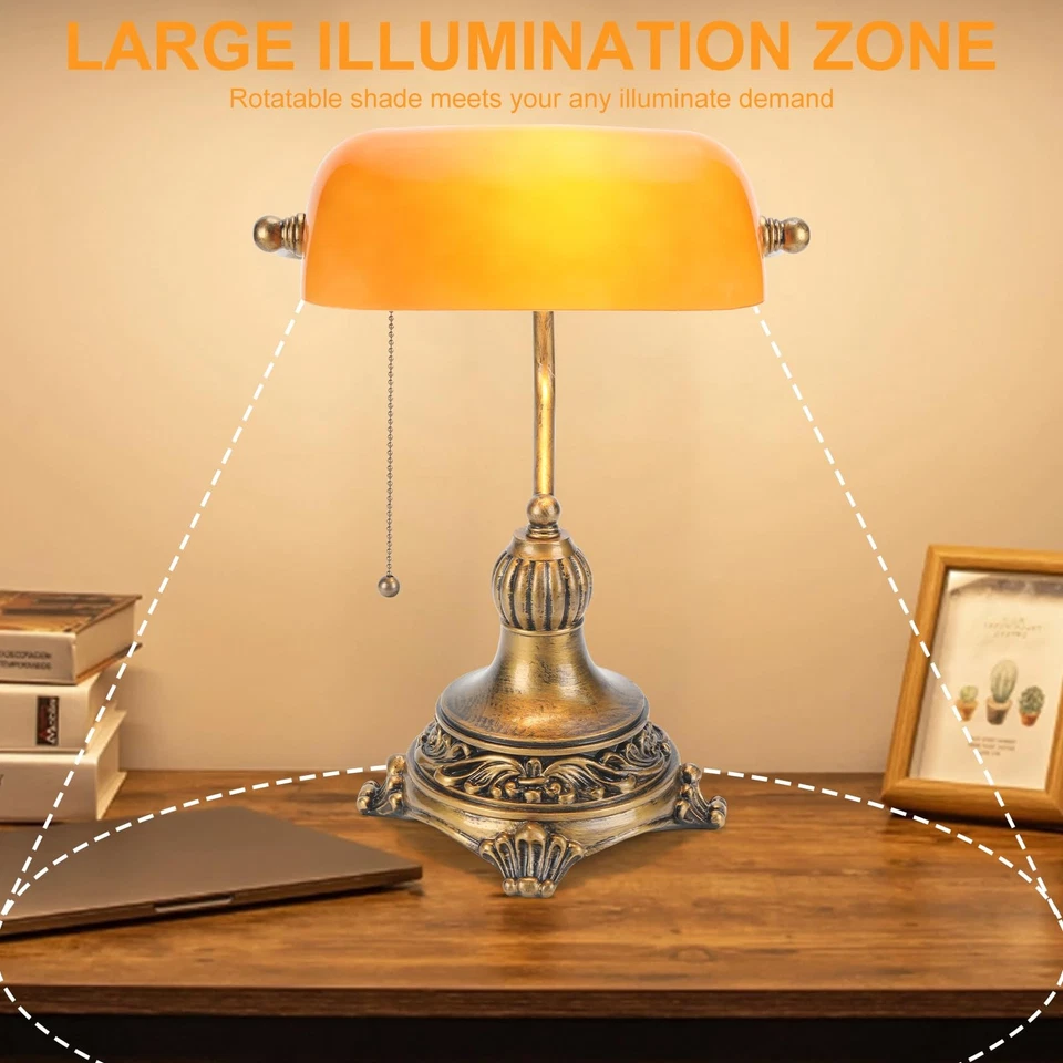 Lâmpada Bankers com interruptor de puxar, abajur de mesa de vidro âmbar com fi retrô preto/dourado... - Imagem 3 de 4