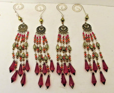Vintage Christmas Dangling beaded Red ornaments decoration set of 4 9"