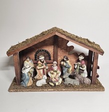 Vintage 10 Piece Nativity Set With Wooden Manger Ceramic Figurines In Place