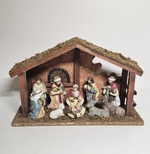 Vintage 10 Piece Nativity Set With Wooden Manger Ceramic Figurines In Place