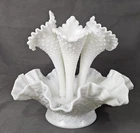 Fenton White Milk Glass Hobnail Epergne Ruffle Bowl w/3 Horn Trumpet Vase
