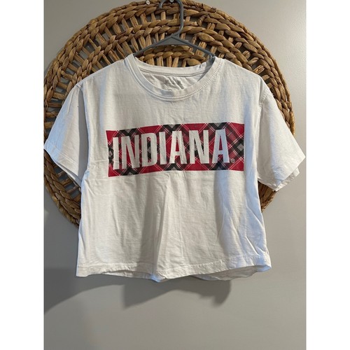 Pressbox Indiana University Hoosiers Cropped T-Shirt White Plaid Graphic Women M - Picture 2 of 5