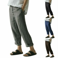 Women Retro Cotton Linen Trouser Casual Loose Front Button Pants Harem Style