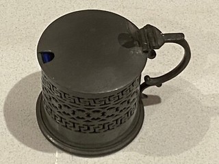 lovely Antique Pierced Pewter Mustard Pot With Original Blue Glass Insert Vgc