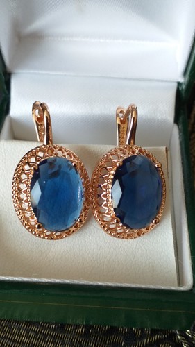Vintage 1990-s 14 Ct Rolled Gold Large Sapphire Earrings- Hallmarked 585 RG