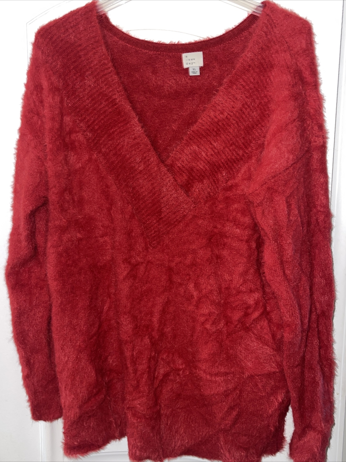 A New Day Long Sleeve Red Sweater Soft Fuzzy Pull Over V Neck Sz XL Women |  eBay