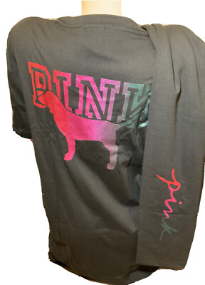 T-shirt Oversize Victoria's Secret PINK - Manches Longues Noires - Motif 'Bling Pink' - Neuf Avec étiquettes