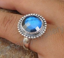 Natural Blue Labradorite Checker Cut 925 Sterling Silver Gemstone Ring For Her