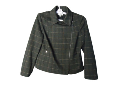 Tahari Arthur S Levine Zippered Moto Jacket Size 8 Black Cognac Plaid Business