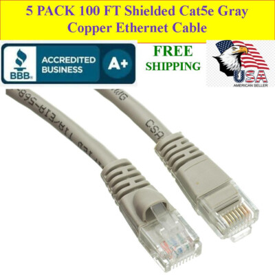 5 PACK 100 Ft Cat5e Gray Shielded Ethernet Patch Cable RJ45 Gold Connectors AWG