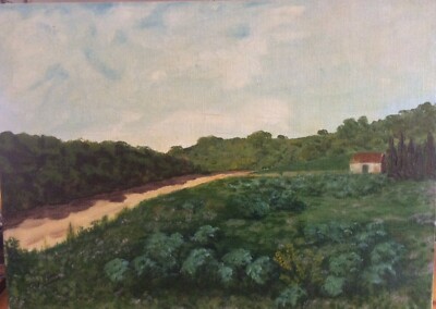 Oil on panel signed Doña depicting a shed on the hill in spring