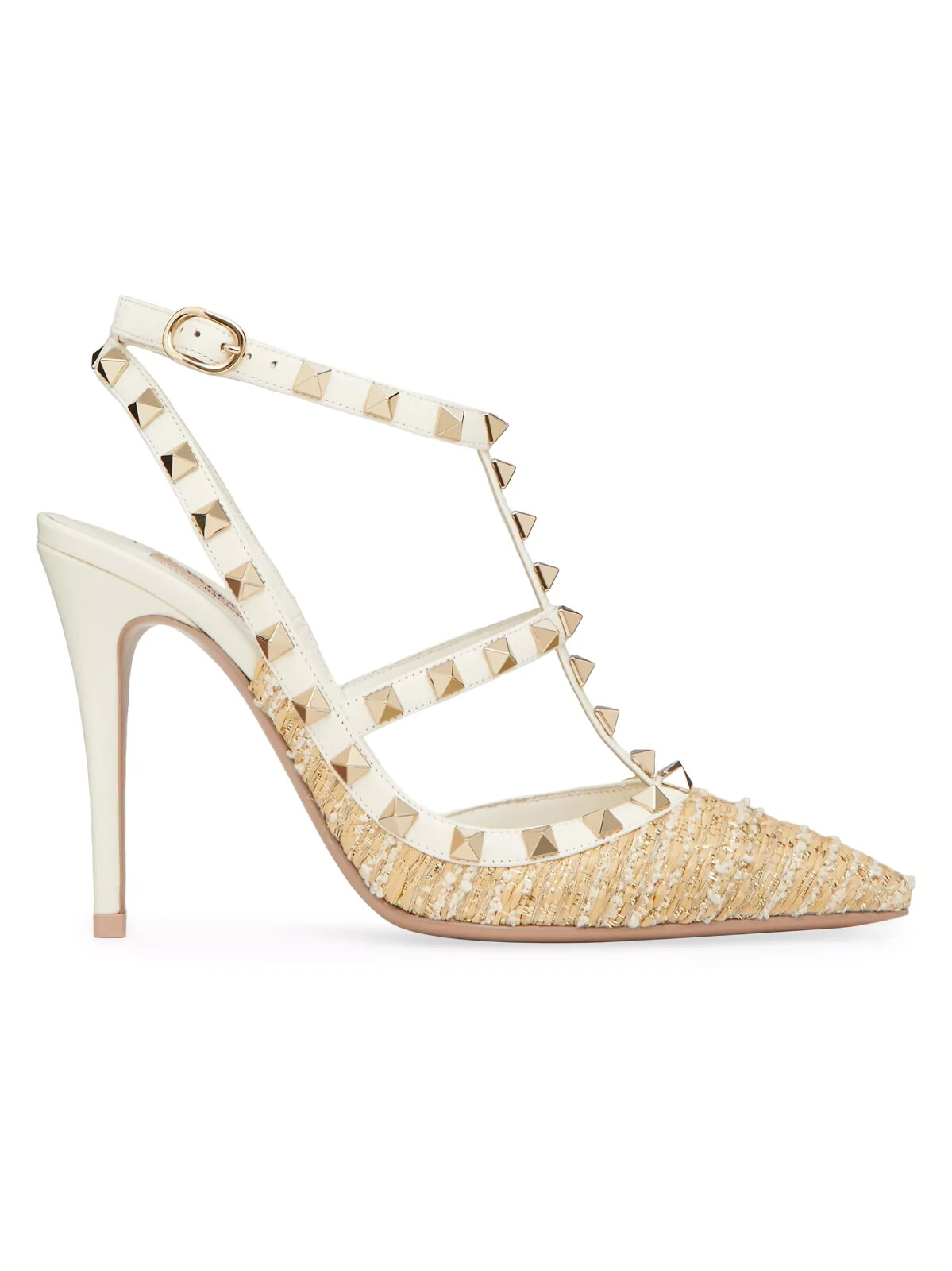 NEW Valentino Garavani Size 39.5 EU Rockstud Raffia Pumps With Straps, Platinum