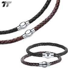 TT Leather 6mm S.Steel round Magnet Buckle Collar Necklace+Bracelet Set CL01